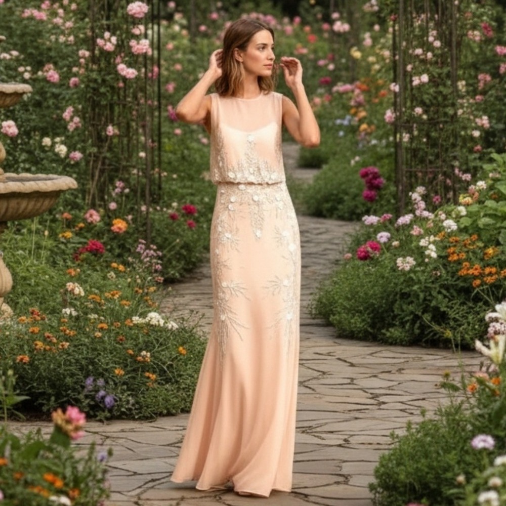 BHLDN Devon Beaded Illusion Maxi Gown Oyster Champagne Size 0 Like New Formal